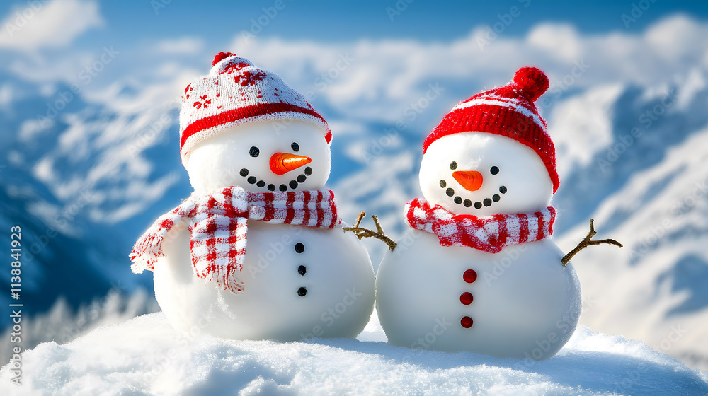 Joyful snowmen enjoying the snowy mountains. Joyful snowmen enjoying the snowy mountains.