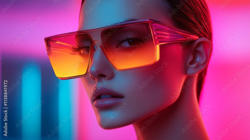 Closeup of a woman wearing pink futuristic glasses with neon light reflections Closeup of a woman wearing pink futuristic glasses with neon light reflections