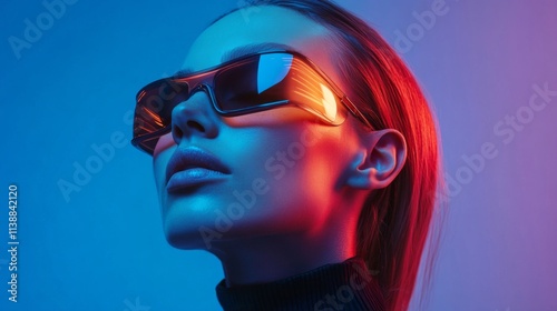 Stylish portrait of a woman in red sunglasses under blue light