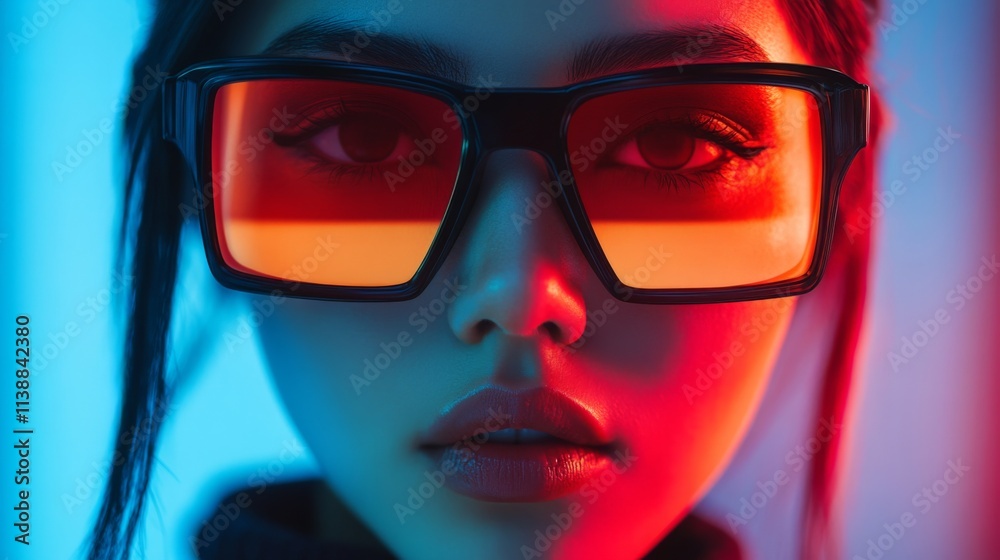 Portrait of a woman in red and orange sunglasses with futuristic lighting effects Portrait of a woman in red and orange sunglasses with futuristic lighting effects