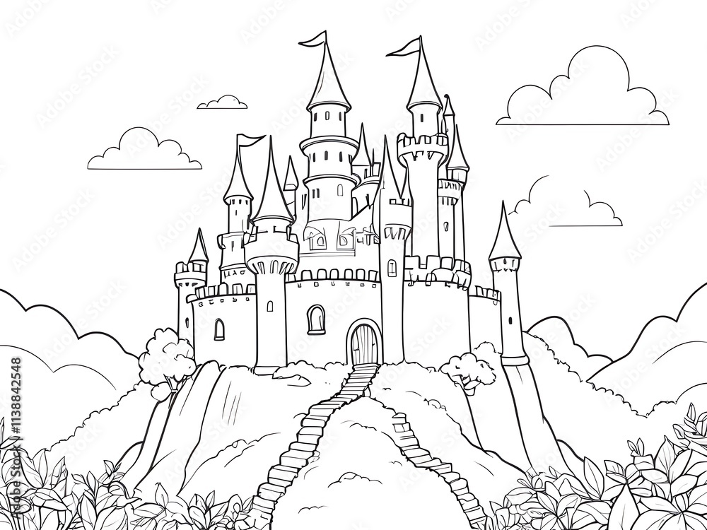 Majestic Fairytale Castle on a Hilltop: A Coloring Page Majestic Fairytale Castle on a Hilltop: A Coloring Page
