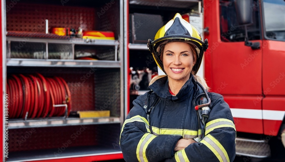 Obraz premium 消防車を背に立つヨーロッパ系女性消防士の決意 