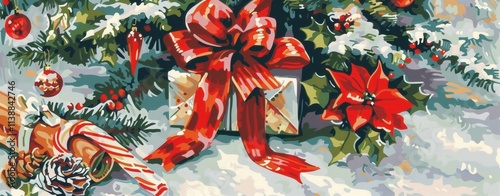 Christmas gift with red ribbon surrounded by festive decorations, painted in flat color bold outlines
