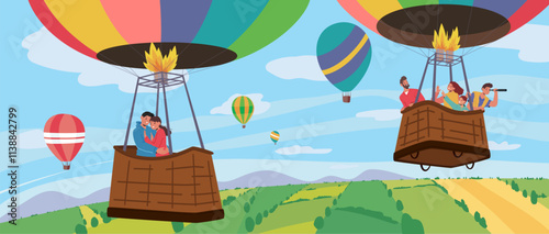 People tourists floating in sky flying in basket of air hot balloon admiring landscape scenery