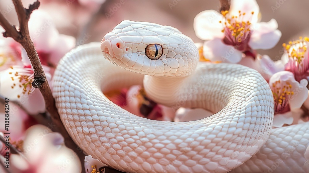 Fototapeta premium White Snake Coiled Amidst Delicate Pink Blossoms