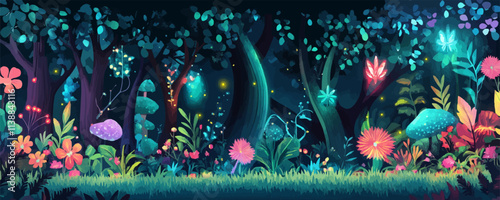 Fantasy forest. Enchanted trees, whimsical creatures, playful fairies, and vibrant flowers, creating a magical woodland scene, vector illustration, flat style.