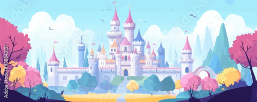 Fantasy kingdom. Majestic castles, mythical creatures, brave knights, and enchanted landscapes, creating a magical fantasy world, vector illustration, flat style.
