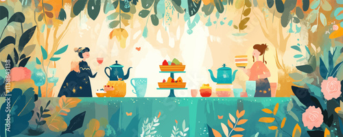 Fantasy tea parties. Enchanted settings, whimsical guests, colorful teapots, and playful treats, creating a charming magical tea party, vector illustration, flat style.