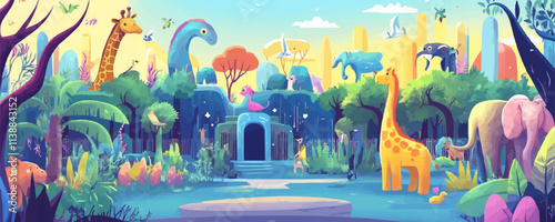 Fantasy zoos. Enchanted animals, whimsical enclosures, colorful visitors, and playful details, creating a lively magical zoo, vector illustration, flat style.