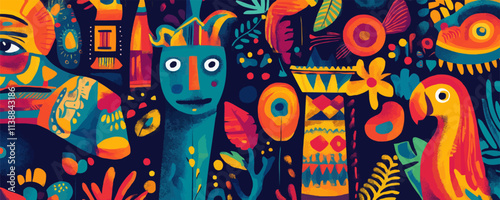Folk art. Traditional patterns, cultural motifs, handcrafted elements, and rich colors, celebrating diverse folk art traditions, vector illustration, flat style.