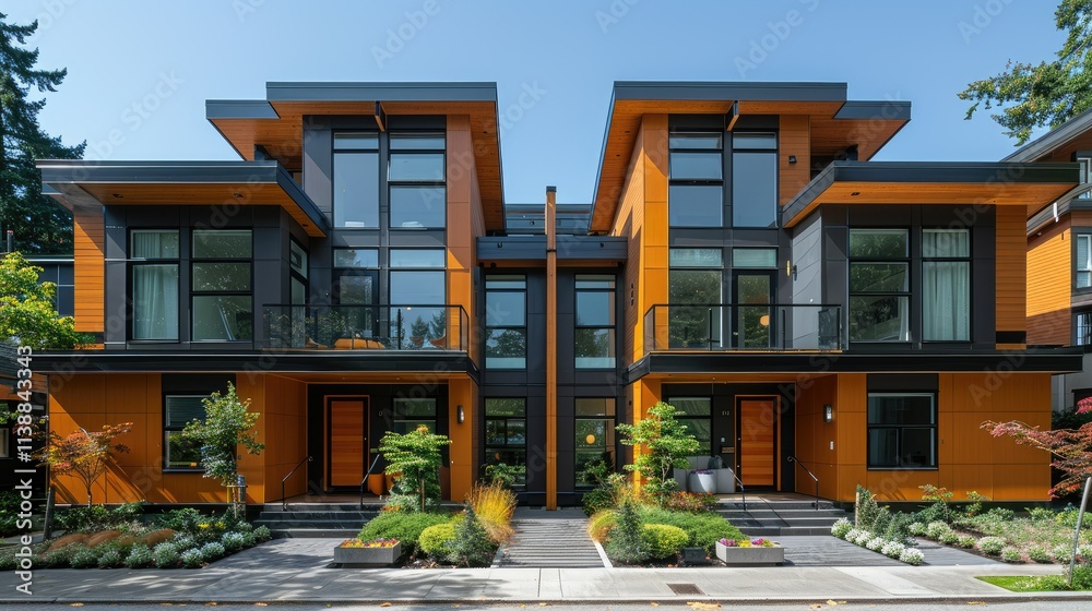 Modern duplex with vibrant orange exterior and landscaped surroundings. Modern duplex with vibrant orange exterior and landscaped surroundings.