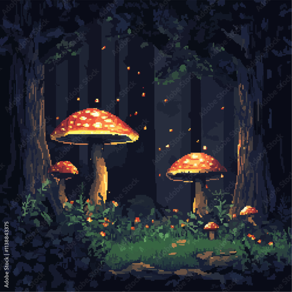 Fototapeta premium Illustrate pixel art enchanted forests with glowing mushrooms and mystical creatures, vector icon design, flat style.