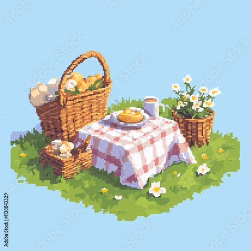 Illustrate pixel art cozy spring picnics with baskets and flowers, vector icon design, flat style.