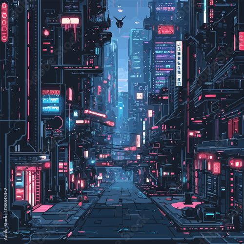 Illustrate pixel art cyberpunk city streets with neon lights and futuristic buildings, vector icon design, flat style.