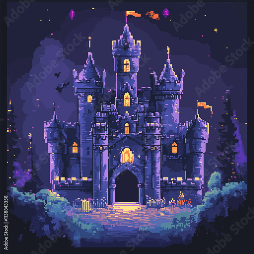 Illustrate pixel art enchanted castles with mystical creatures and magical barriers, vector icon design, flat style.