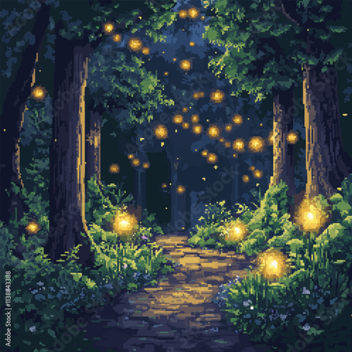 Illustrate pixel art enchanted forests with fairy lights and hidden pathways, vector icon design, flat style.