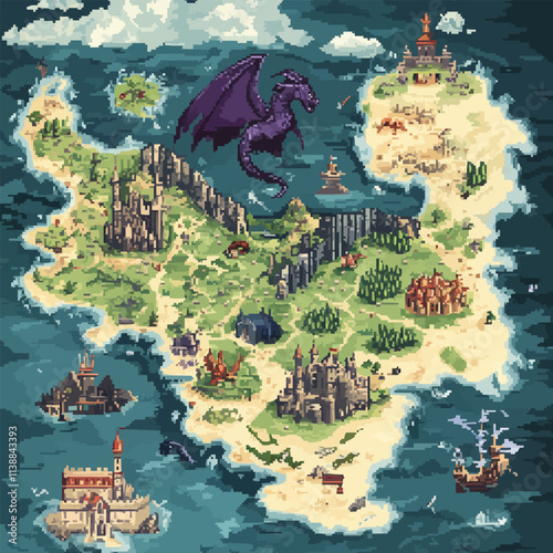 Illustrate pixel art fantasy maps with kingdoms and dragons, vector icon design, flat style.