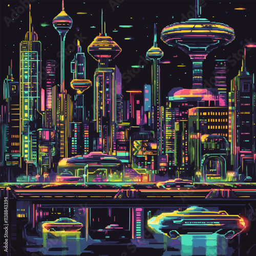 Illustrate pixel art futuristic cities with hovercars and neon lights, vector icon design, flat style. #1138843394