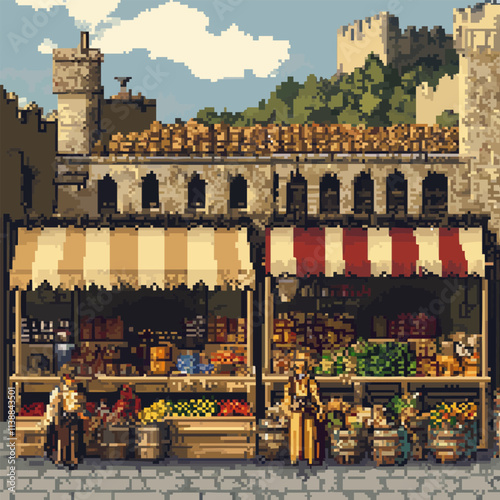 Illustrate pixel art medieval marketplaces with bustling stalls and diverse wares, vector icon design, flat style.