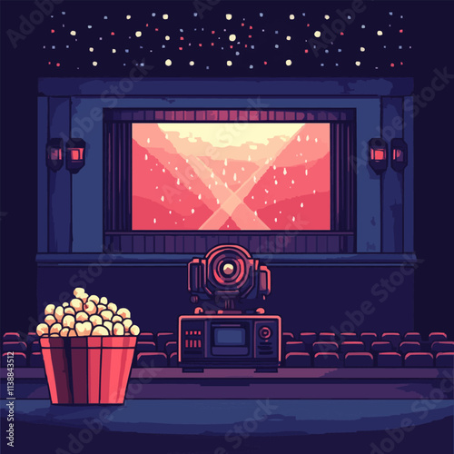 Illustrate pixel art retro movie theaters with film projectors and popcorn, vector icon design, flat style.