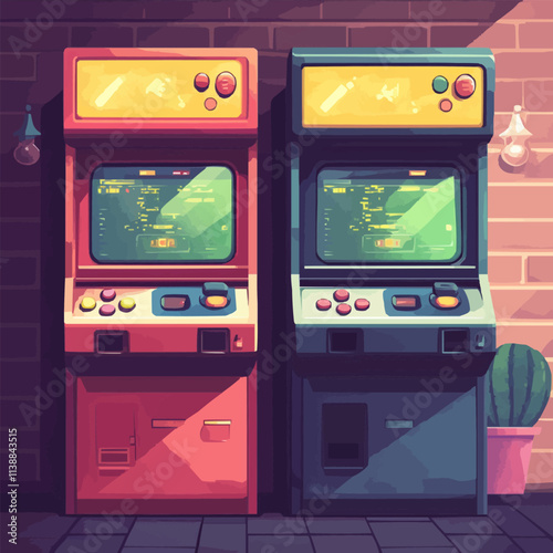 Illustrate pixel art retro gaming arcades with joystick controllers and colorful cabinets, vector icon design, flat style.