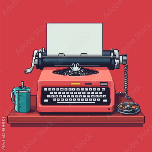 Illustrate pixel art retro office equipment with typewriters and rotary phones, vector icon design, flat style.