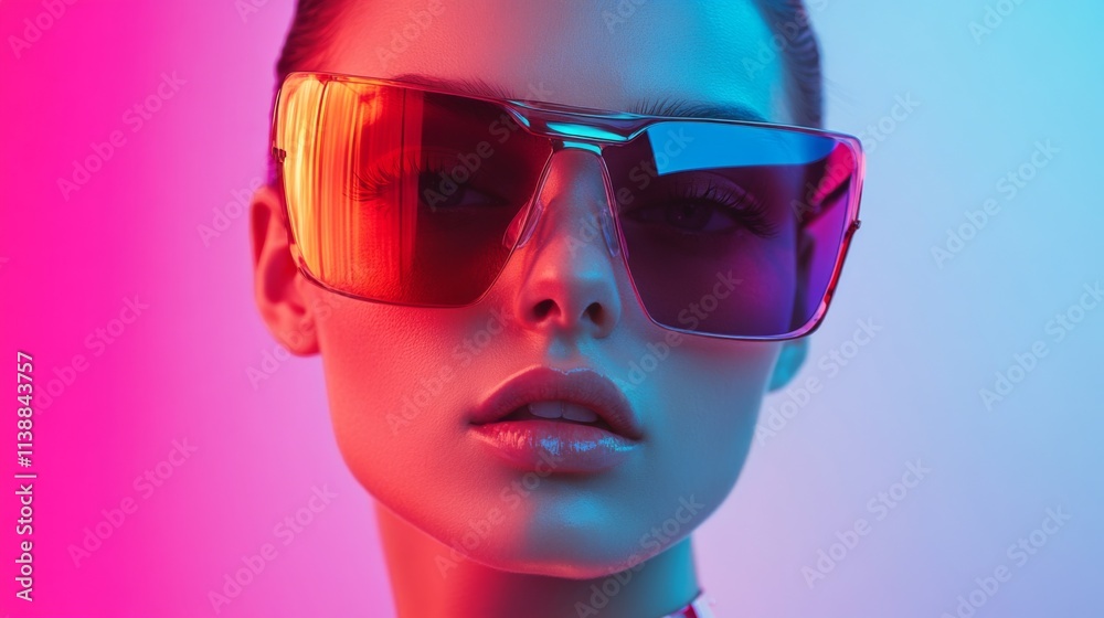 Close-up portrait of a woman in red futuristic glasses with glowing lighting Close-up portrait of a woman in red futuristic glasses with glowing lighting