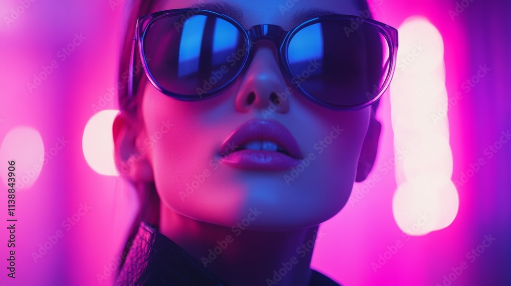 Stylized portrait of a woman with oversized futuristic sunglasses in pink lighting Stylized portrait of a woman with oversized futuristic sunglasses in pink lighting