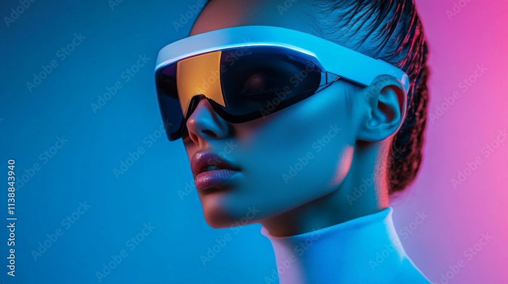 Side profile of a futuristic woman wearing sleek sunglasses in blue light Side profile of a futuristic woman wearing sleek sunglasses in blue light