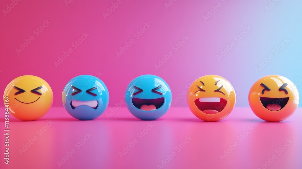 Colorful emoticon balls with various expressions on a pink and blue gradient background