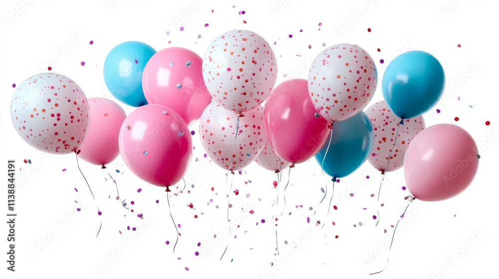 Colorful balloons with confetti in a white minimal background Colorful balloons with confetti in a white minimal background