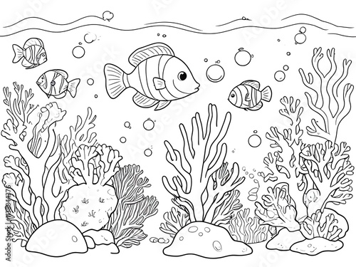 Underwater World: A Coloring Page of Vibrant Coral Reefs and Playful Fish