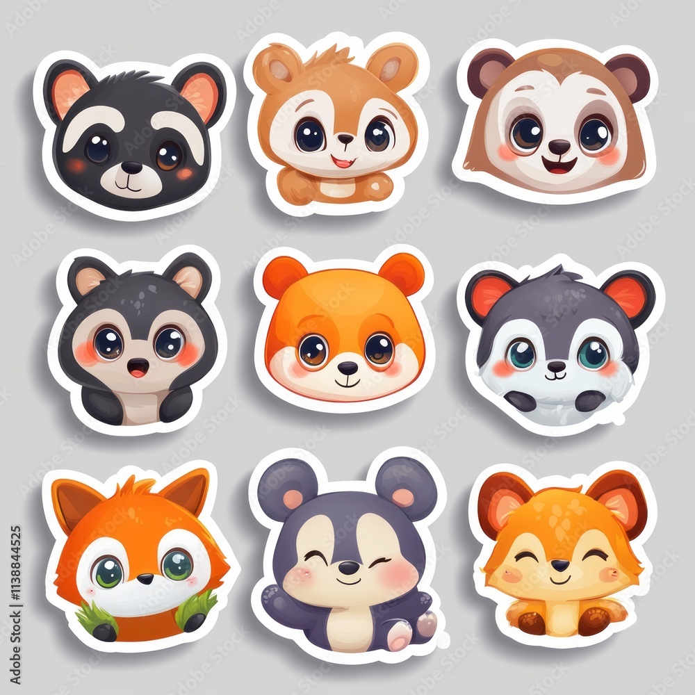 Fototapeta premium vector sticker cartoon animal faces with exaggerated emotions like happy, sad, shocked, angry, and sleepy 