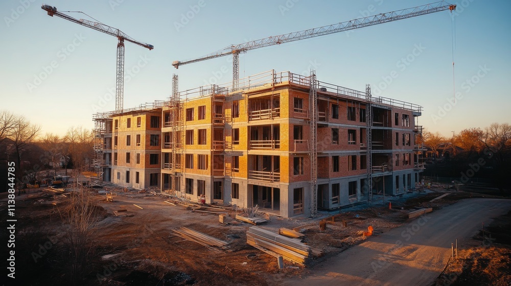 Modern building under construction with cranes at sunset Modern building under construction with cranes at sunset