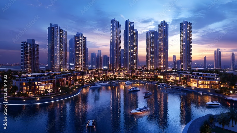 Naklejka premium futuristic cityscape at night featuring illuminated skyscrapers, luxury waterfront views, yachts, and a vibrant skyline. A modern cityscape showcasing urban architecture, skyscrapers, and the vibrant