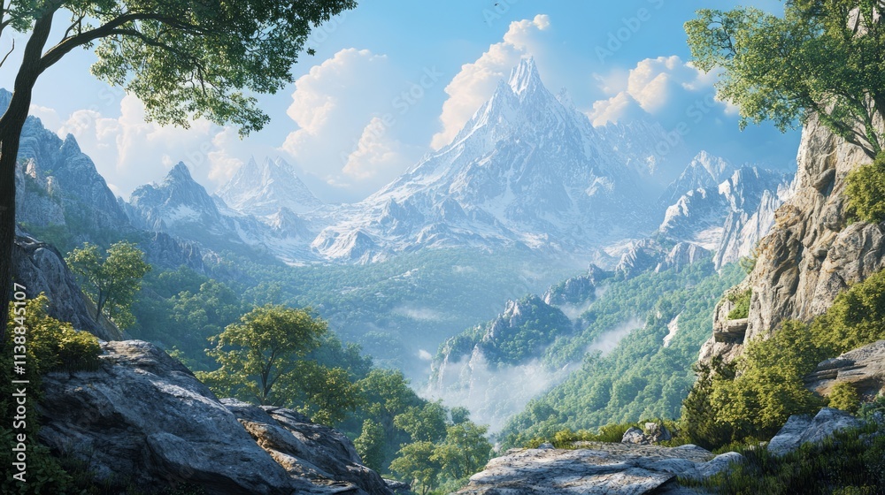 Obraz premium Snowy mountain vista with green trees, rocky cliffs, and blue sky.