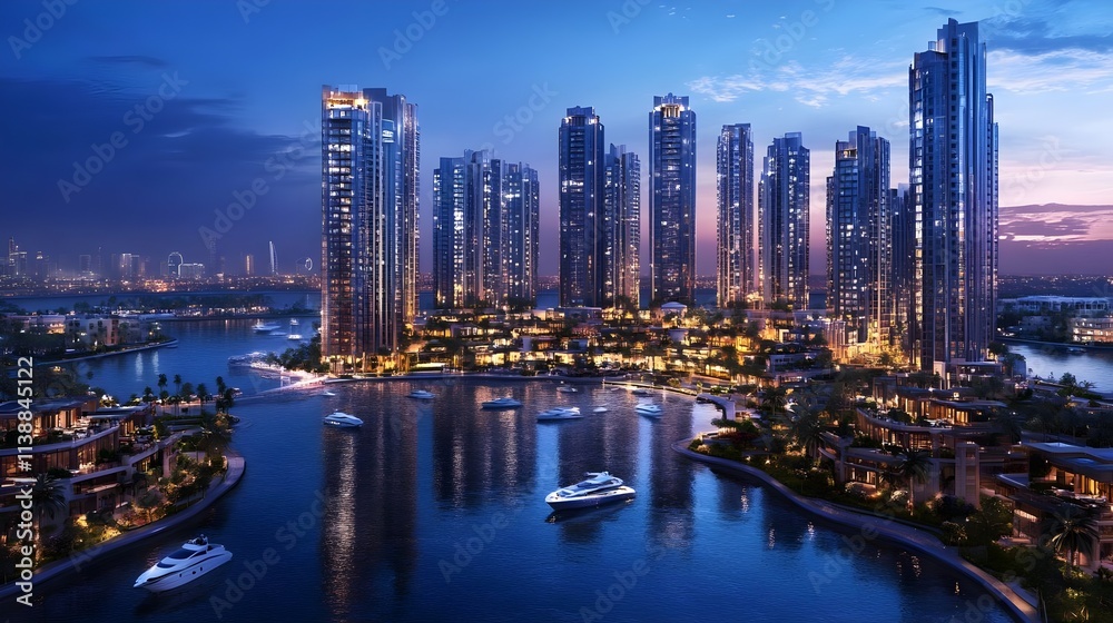 Naklejka premium futuristic cityscape at night featuring illuminated skyscrapers, luxury waterfront views, yachts, and a vibrant skyline. A modern cityscape showcasing urban architecture, skyscrapers, and the vibrant