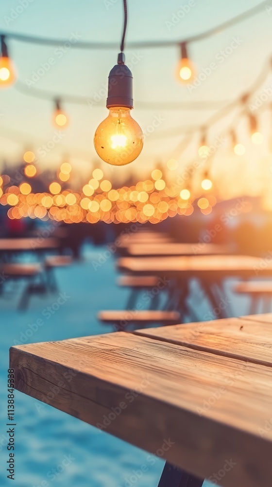 Warm outdoor setting with glowing lights and wooden tables at dusk. Warm outdoor setting with glowing lights and wooden tables at dusk.