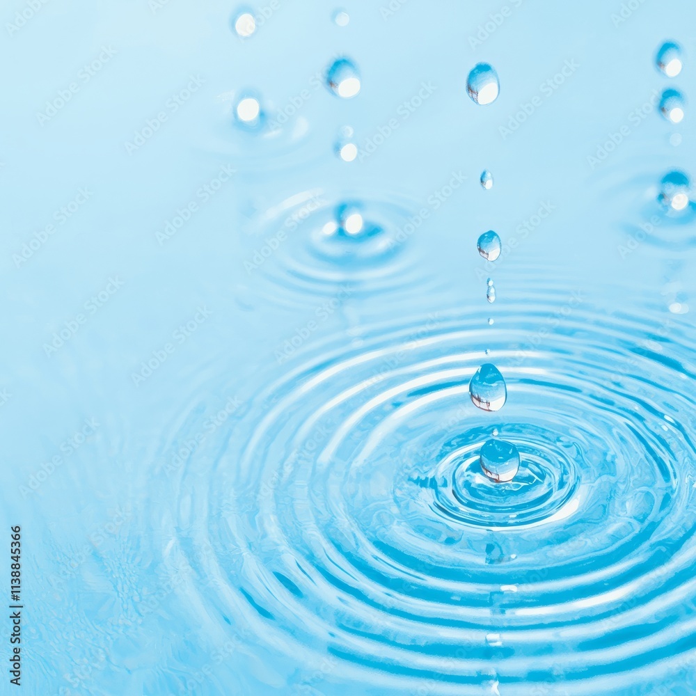 Water droplets creating ripples on a blue surface. Water droplets creating ripples on a blue surface.
