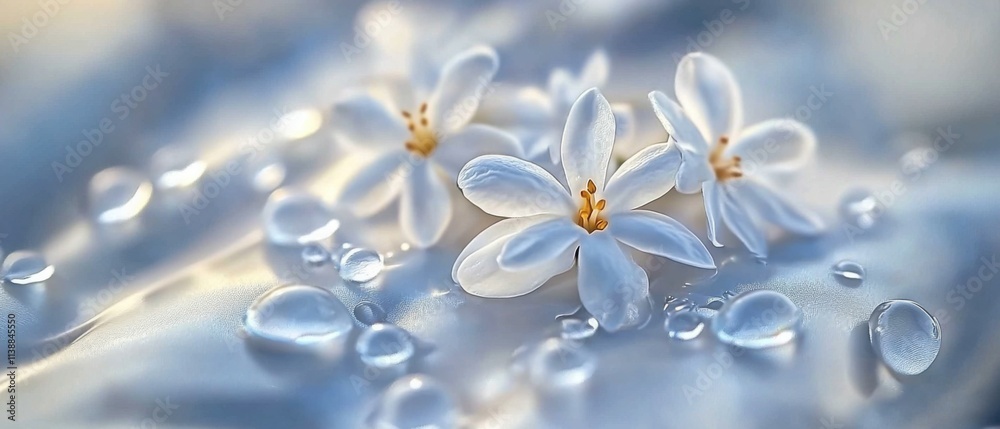 Serene White Flowers with Dew Drops: Closeup Macro Photography Serene White Flowers with Dew Drops: Closeup Macro Photography