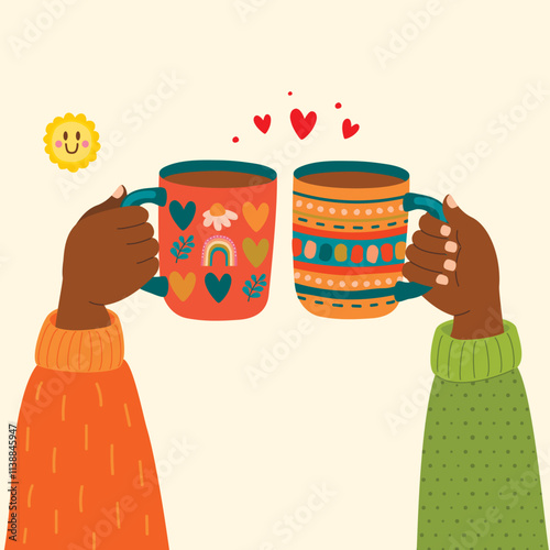 
Cartoon human hands holding colorful cups with drinks.Toasting palms  with hearts and smiley.Vector design isolated on pink  background.For use in banner,poster,card.Cozy illustration in flat     
