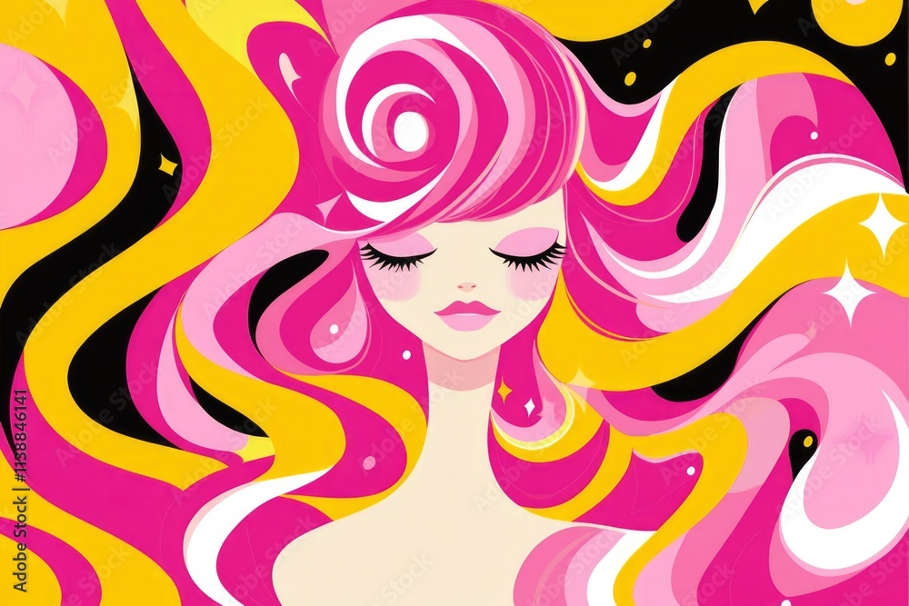 Vibrant pop art style artwork showcasing a woman with swirling pink, yellow, and gold hair, symbolizing creativity and self-expression in a dynamic visual. Vibrant pop art style artwork showcasing a woman with swirling pink, yellow, and gold hair, symbolizing creativity and self-expression in a dynamic visual.