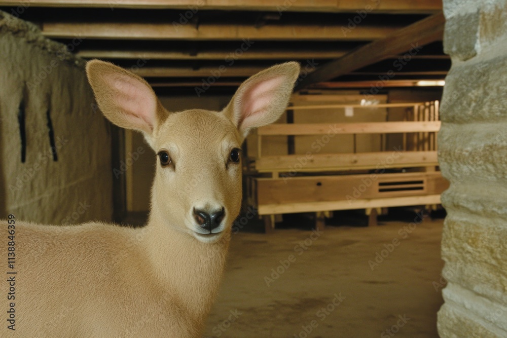 Obraz premium A curious young deer is depicted within a rustic barn, featuring wooden beams and earthy textures, capturing the innocence and simplicity of rural life.