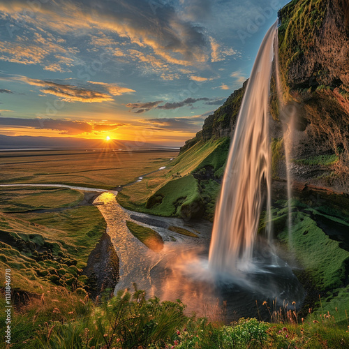 Seljalandfoss waterfall at sunset in HDR, Iceland