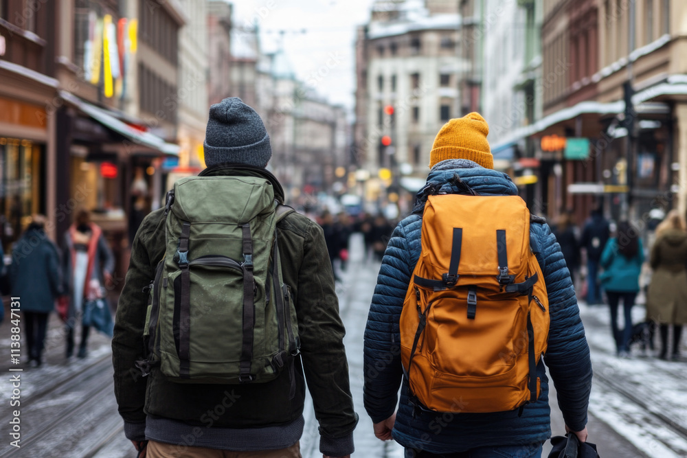 Fototapeta premium Two travelers with backpacks walk down a snow-dusted city street, surrounded by bustling shops and people, experiencing the vibrancy of urban winter life together.