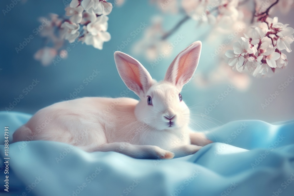Obraz premium A serene white rabbit lies on soft blue silk, surrounded by delicate cherry blossoms, creating a tranquil and dreamlike springtime scene.