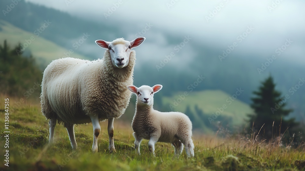 Obraz premium Mother sheep and lamb in a misty mountain pasture. Concept of nature, wildlife, and family.