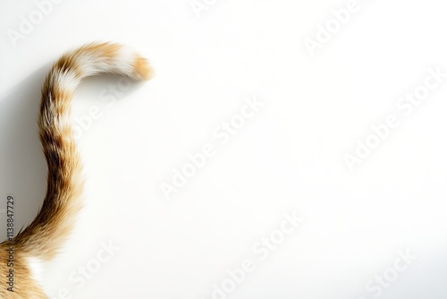 Orange tabby cat's tail on white background with ample copy space