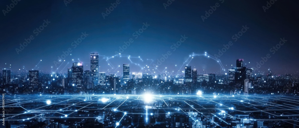 Futuristic Smart City at Night: Illuminated Skyline with Network Connections Futuristic Smart City at Night: Illuminated Skyline with Network Connections