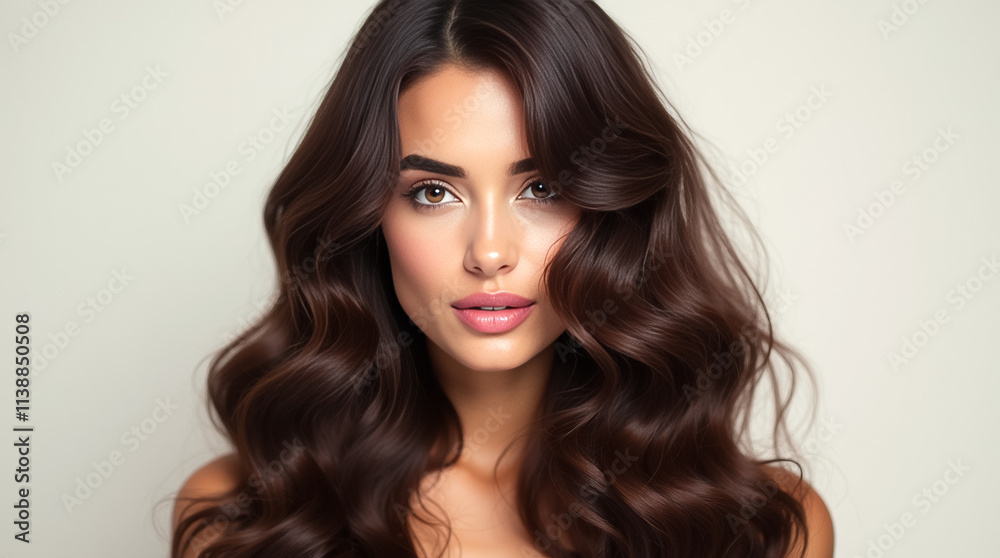 Naklejka premium A woman with voluminous dark hair poses confidently, showcasing her healthy hair and radiant complexion